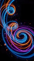 Dynamic swirling light trails in vibrant blue, orange and purple colors creating spiral patterns against black background for digital art projects.