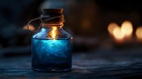 Glowing magical potion in vintage glass bottle with cork stopper against dark background with bokeh lights creating mystical atmosphere.