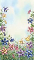 Watercolor columbine flowers border in purple, pink, blue and cream tones with green leaves on soft sky background with copy space.