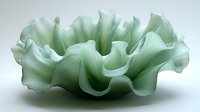 Delicate mint green glass bowl with organic ruffled edges and translucent wavy form creates elegant sculptural centerpiece against neutral background.