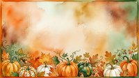 Autumn harvest border with pumpkins and fall leaves on watercolor background for seasonal greeting cards and thanksgiving decorations.