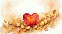 Watercolor heart surrounded by golden coins on a soft warm background, symbolizing love, wealth, and financial prosperity.