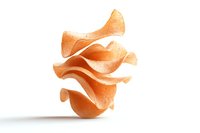Crispy potato chips stacked in artistic wavy formation on white background, showing texture and curves of fried snack food. Isolated composition for advertising.