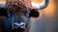 Highland cattle bull with curly brown hair and piercing blue eyes staring directly at camera against warm blurred background for livestock photography.