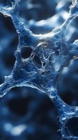 Microscopic view of neural network connections in blue tones showing intricate cellular structure and synaptic pathways. Scientific visualization for medical research.