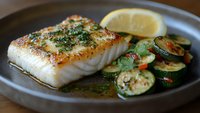 Pan-seared white fish fillet with herbs and sautéed zucchini slices on dark plate, garnished with lemon wedge for healthy gourmet dining and restaurant menu.