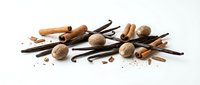 Aromatic spices and vanilla beans scattered on white background for culinary cooking baking recipes ingredient food preparation kitchen design.