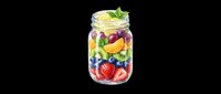 Colorful fruit salad in glass jar with fresh berries, tropical fruits, and mint leaf garnish, isolated on transparent background. Ready for recipe blogs, nutrition websites, healthy eating designs, menu graphics, wellness posters, and food-related print materials.