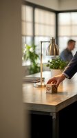 Modern brass desk lamp illuminating workspace with businessman hand reaching for wooden cube on contemporary office table with natural window light.