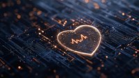 Glowing heart shape with pulse line on circuit board background illuminated in orange light, representing digital healthcare and medical technology advancement.