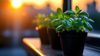 Fresh basil plants in black pots on wooden windowsill at sunset with warm golden light and urban silhouette in background.