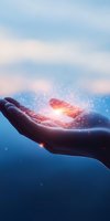 Magical glowing butterfly emerging from an outstretched hand against blue sky background, with sparkles and light particles creating ethereal atmosphere.