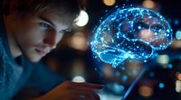 Young Caucasian man looking at glowing blue holographic brain projection floating above smartphone, representing artificial intelligence and neural networks in dark setting.