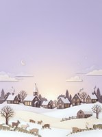 Winter village landscape with snow-covered houses, church steeple, bare trees, grazing deer, and crescent moon in lavender sky. Suitable for holiday cards and seasonal designs.