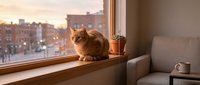 Ginger tabby cat sitting on a sunny windowsill beside a small cactus, with a warm urban cityscape glowing at sunset in the background.