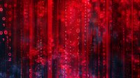 Digital matrix rain in vibrant red and blue colors against dark background creates dramatic cybersecurity concept with binary code and data streams.