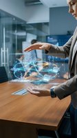 Businesswoman in office holding holographic renewable energy interface with wind turbines and solar panels for sustainable technology solutions.