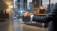 Smart home automation technology with businessman touching digital interface displaying connected devices including security, lighting, and vehicle controls in modern office environment.
