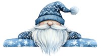 Festive winter gnome with long white beard wearing blue patterned hat and sweater with nordic snowflake design, isolated on white background for seasonal decor and crafts.