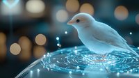 White bird standing on rippling water surface with magical glowing circles and bokeh lights creating ethereal atmosphere against dark background.