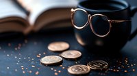 Vintage round glasses near black coffee cup and scattered coins on dark surface with bokeh lights, creating cozy morning atmosphere with retro style elements.