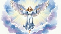 Female angel with large white wings floating in heavenly clouds with divine light rays, spiritual celestial being in flowing blue gown for religious artwork.