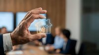 Businessman hand holding transparent house model with upward arrows in modern office meeting room for real estate investment growth concept.