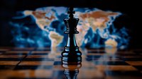 Black chess queen piece on chessboard against world map background with dramatic lighting and reflection, representing global strategy and leadership.