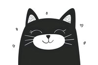 Cute black cat with smiling face, white whiskers and inner ears on clean background for children's decor, greeting cards, and apparel design.