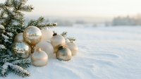 Golden and cream ornaments with frosted evergreen branches arranged on snow, winter holiday decoration with blurred frozen lake background.