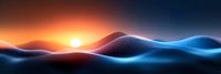 Futuristic digital landscape with glowing orange sunset and flowing blue waves creating dynamic contrast against dark background. Abstract technology concept.