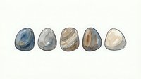 Polished stones and pebbles in various earth tones and blue hues, isolated on white background. Suitable for design, clipart, and decorative projects.