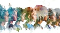 Creative double exposure portrait series combining children's profiles with forest landscape, perfect for themes of growth, nature connection, and environmental awareness.