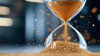Golden sand flowing through hourglass against dark background with scattered particles creating dramatic time measurement visualization. Concept of time passing.