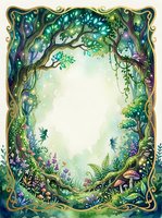Watercolor enchanted forest frame with glowing fairy lights, mushrooms, and magical foliage, forming an oval copy space for text or design.