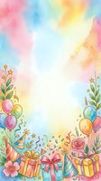 Colorful watercolor birthday frame with balloons, gifts, confetti, and flowers, featuring a bright pastel background with copy space for text.