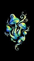 Watercolor fantasy mushrooms in blue, green, and yellow with swirling sparkles, isolated on transparent background. Great for t-shirt design, stickers, and print on demand.