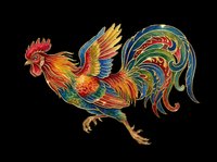 Ornate colorful rooster with decorative feathers, isolated on transparent background. Great for t-shirt design, stickers, clipart, sublimation, and print on demand.
