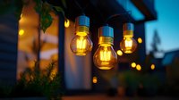 Glowing vintage light bulbs hanging outdoors at dusk create warm ambient atmosphere with bokeh lights and greenery, setting romantic mood for garden party or patio decor.