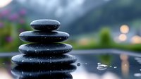Balanced wet black spa stones stacked in zen formation with water drops against blurred nature background creating peaceful atmosphere.
