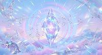 Holographic crystal with musical notes floating in iridescent purple and blue space creating magical sound waves and ethereal energy patterns.