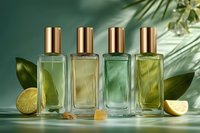 Four luxury perfume bottles with golden caps in green and yellow tones surrounded by tropical leaves and citrus fruits for spa and beauty concepts.