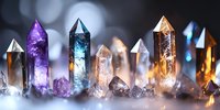 Colorful healing crystals and mineral stones in panoramic arrangement with amethyst, quartz, and citrine points on blurred bokeh background.