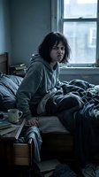 Young woman with short dark hair and fair complexion sitting on unmade bed in minimalist bedroom, wearing gray hoodie, looking pensively toward window with urban cityscape view, coffee mug beside her, moody natural lighting, conveying solitude and introspection.