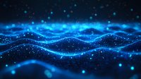Glowing blue waves with particles and bokeh effects on dark background create futuristic technology visualization for business and science presentations.