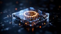 Glowing gear mechanism on microchip surface with orange light effects and bokeh. Modern technology concept showing innovation and engineering advancement.