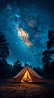 Illuminated camping tent under spectacular starry night sky with vibrant Milky Way galaxy, pine trees silhouettes creating magical outdoor adventure atmosphere.