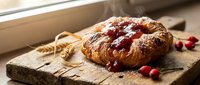 Freshly baked cranberry bread loaf with golden crust on rustic wooden cutting board near window, perfect for holiday baking and cozy kitchen scenes.