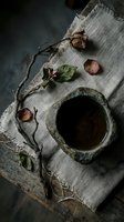 Rustic ceramic bowl with dark liquid on linen cloth surrounded by dried rose petals and thorny branch creating moody atmospheric still life composition.