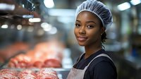 African American female food service worker wearing protective hairnet and apron smiles while preparing food in commercial kitchen setting with fresh ingredients.